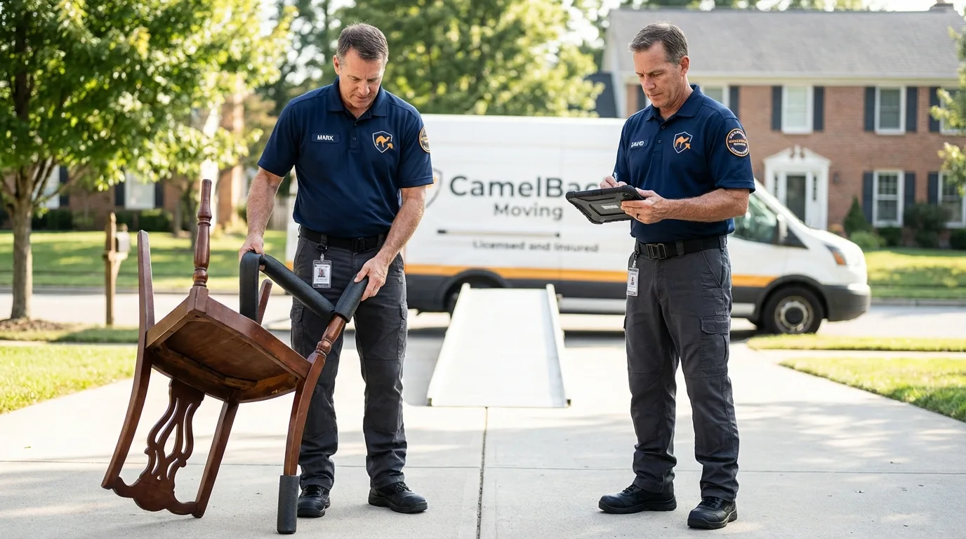 Movers inspecting furniture for damage prevention before loading in Bessemer, AL