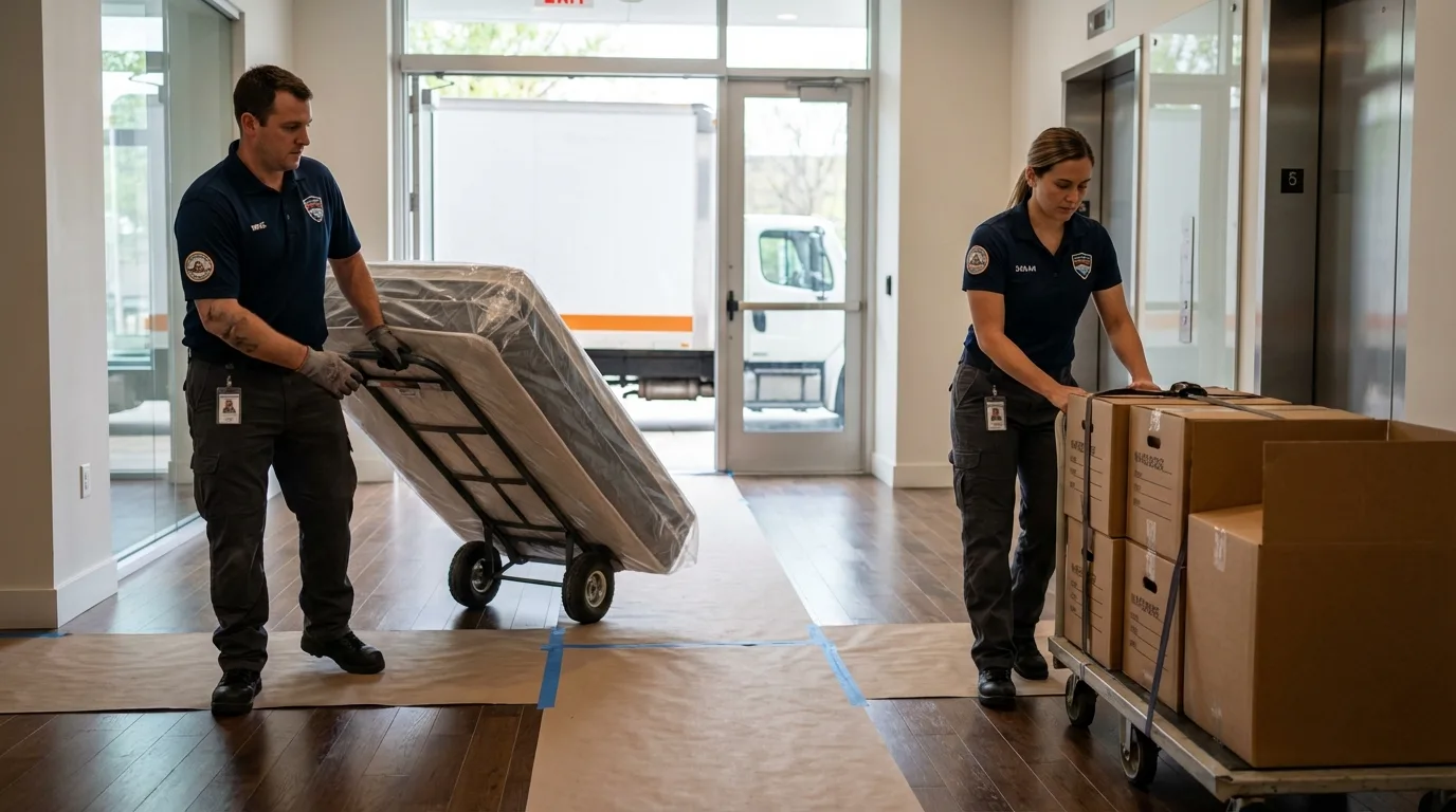Professional apartment movers loading elevator in Bessemer, AL