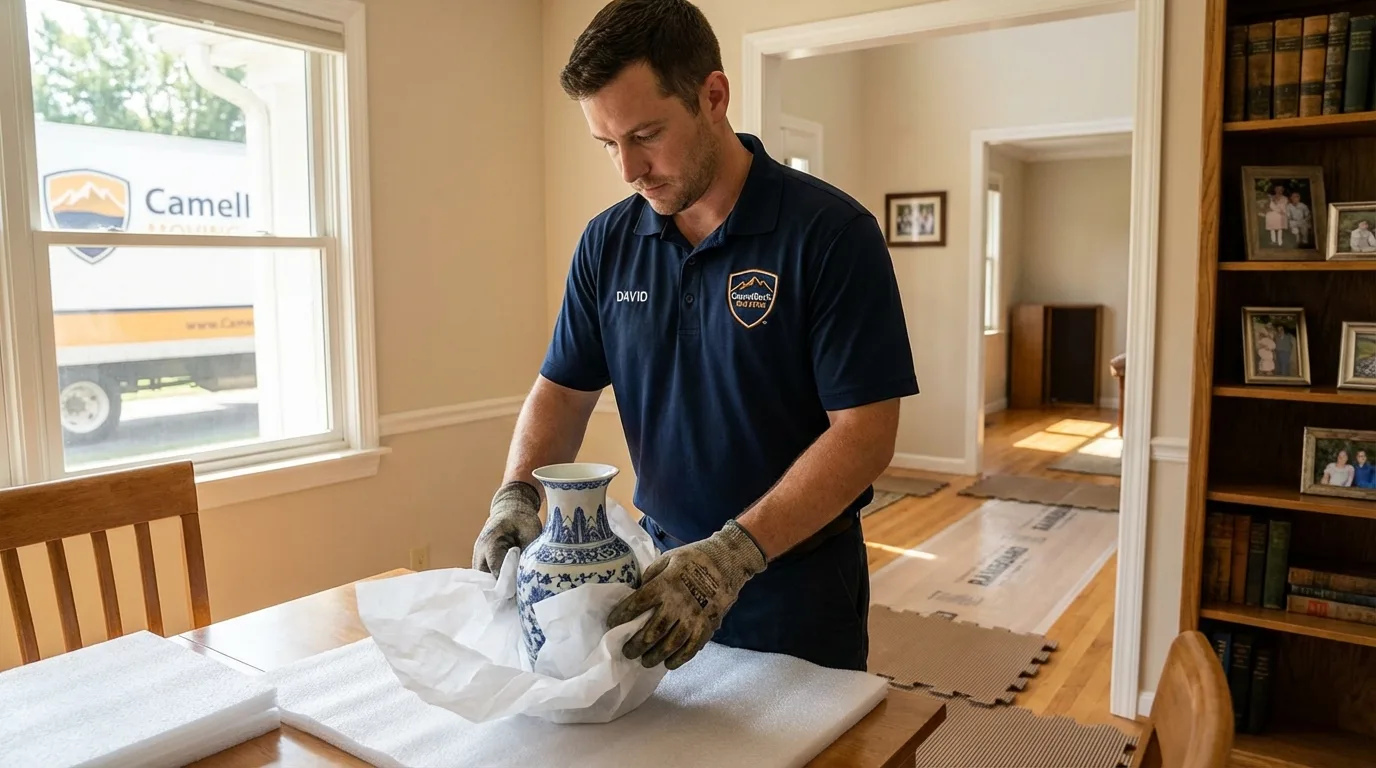 Professional crew carefully wrapping antique vase for senior downsizing move in Bessemer, AL